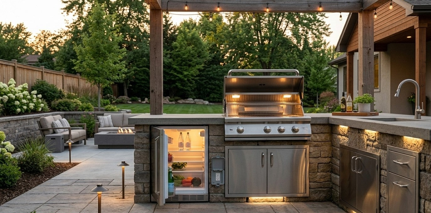 Outdoor kitchen with grill, refrigerator, and sink showing gas, electrical, and water utility planning