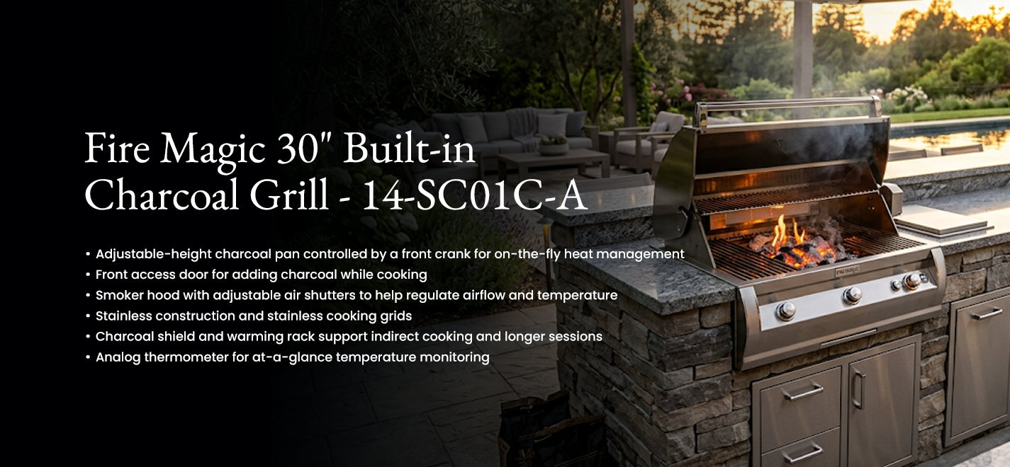 Fire Magic 30-inch built-in charcoal grill with stainless steel cabinets in backyard patio