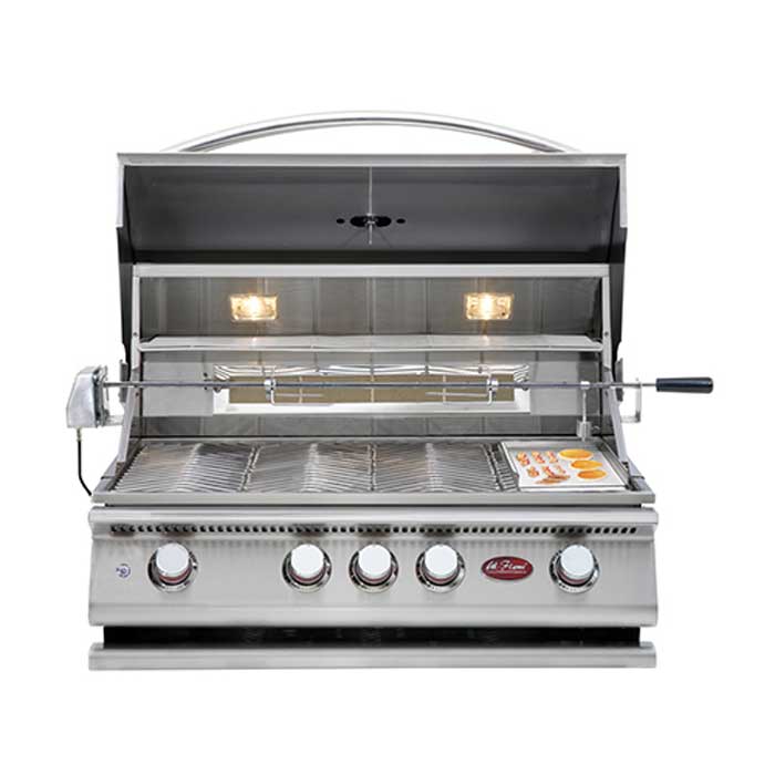 Includes a P4 Grill constructed with 304 stainless steel, featuring four 15,000 BTU cast stainless steel burners, and one 15,000 BTU ceramic core infrared burner.