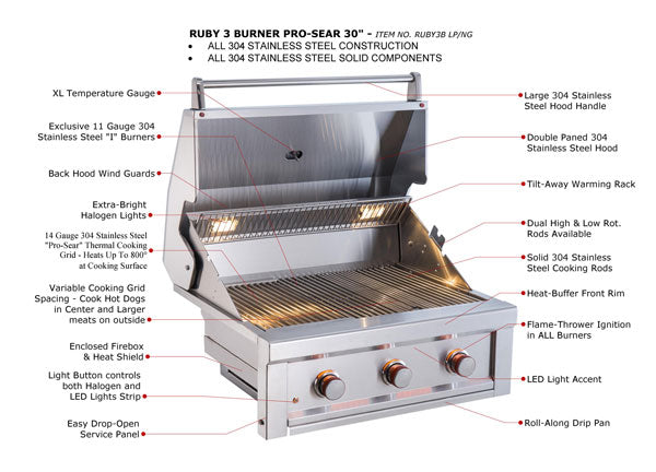 Sunstone Ruby 30" Pro-Sear 3 Burner Gas Grills - BackyardPatioOasis