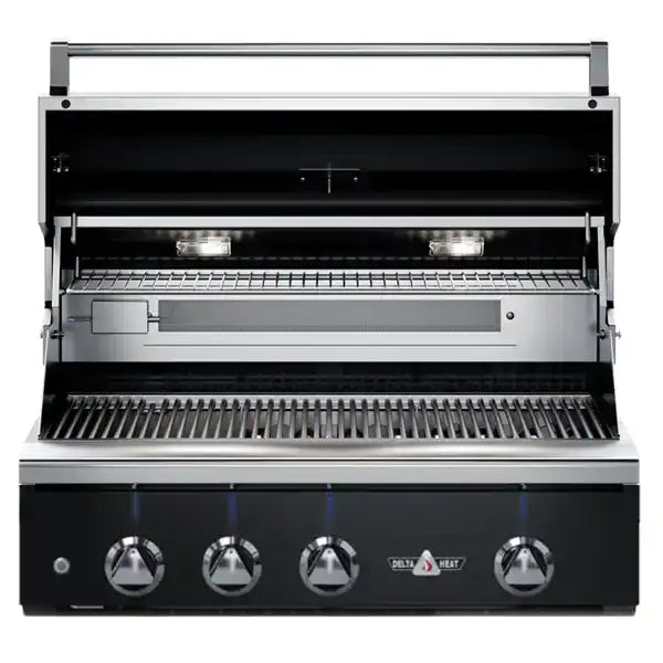 Delta Heat 32" Gas Grill, Black Control Panel, Rotisserie - open view - BackyardPatioOasis