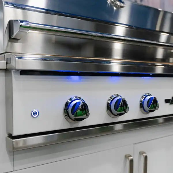 Delta Heat 38" Gas Grill, White Control Panel, Rotisserie - knobs - BackyardPatioOasis