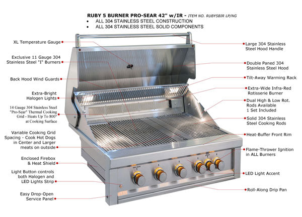 Sunstone Ruby 42" Pro-Sear 5 Burner Infrared Gas Grills - BackyardPatioOasis
