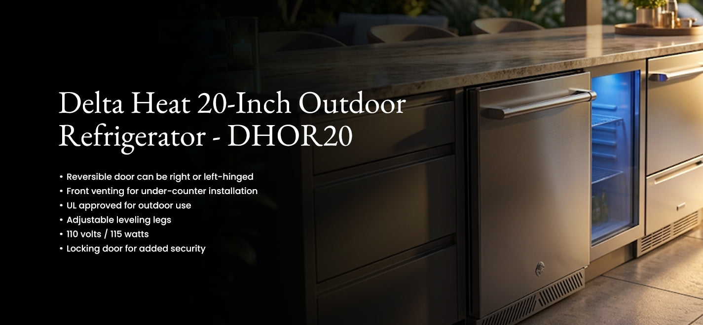 Delta Heat 20-inch outdoor refrigerator with stainless steel under-counter installation in patio