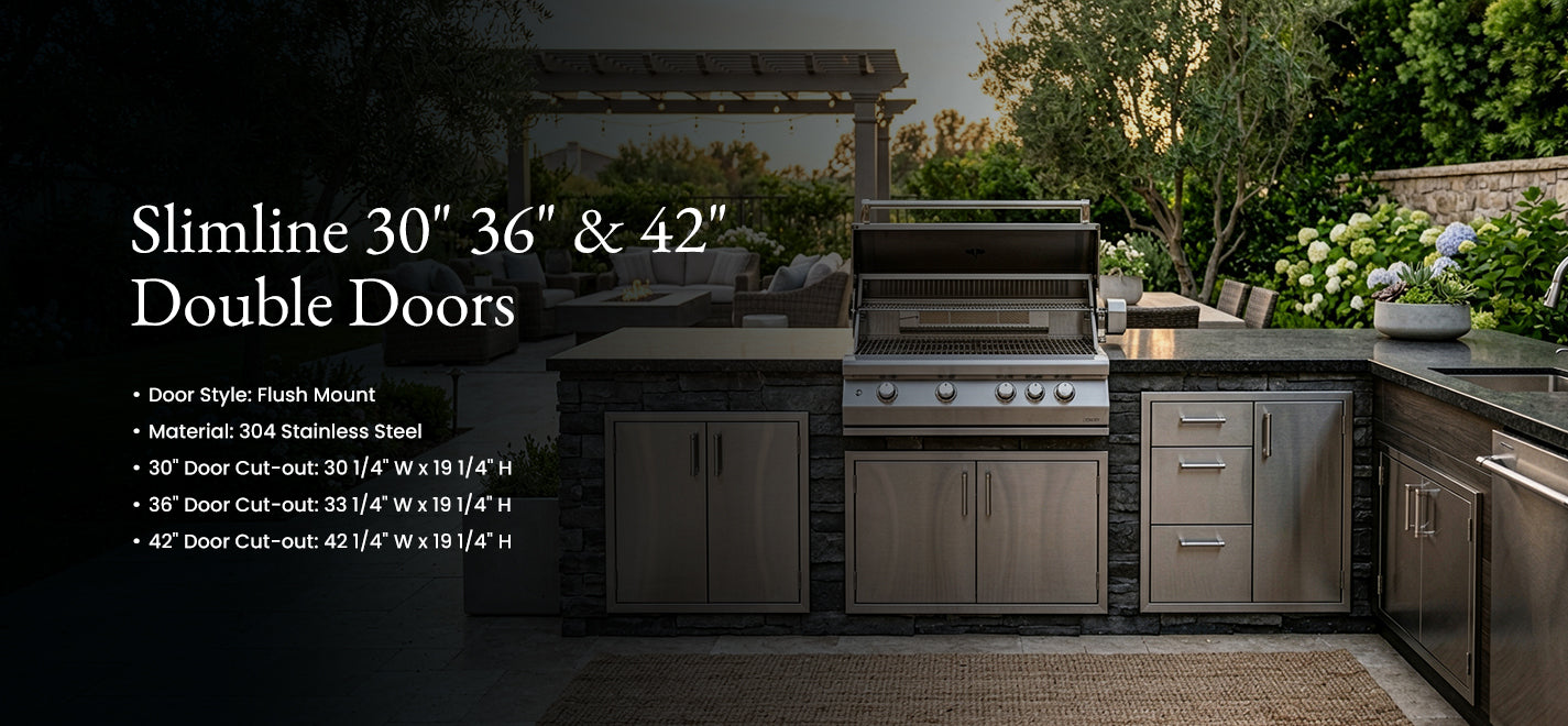 "Outdoor kitchen with stainless steel Slimline grill and storage cabinets in backyard patio setup"