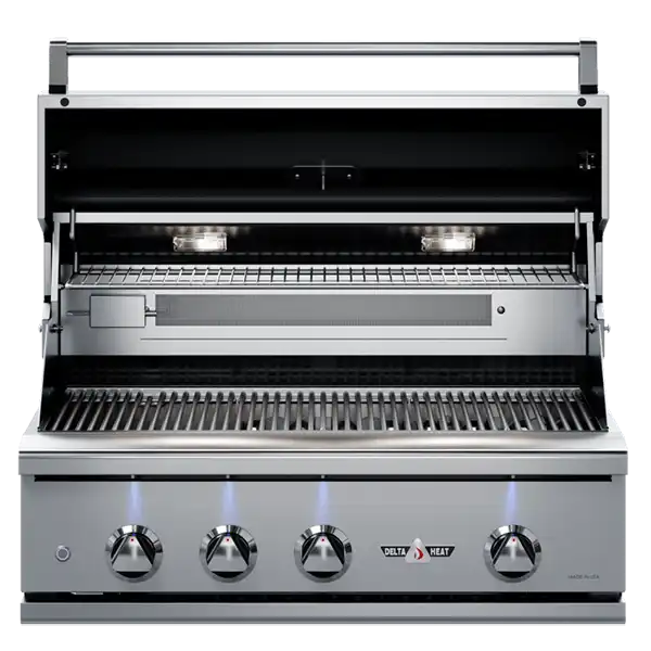 Delta Heat 32" Gas Grill, White Control Panel, Rotisserie - open view - BackyardPatioOasis